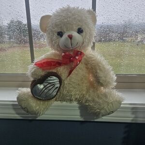 Cream Teddy Bear with Red Bow